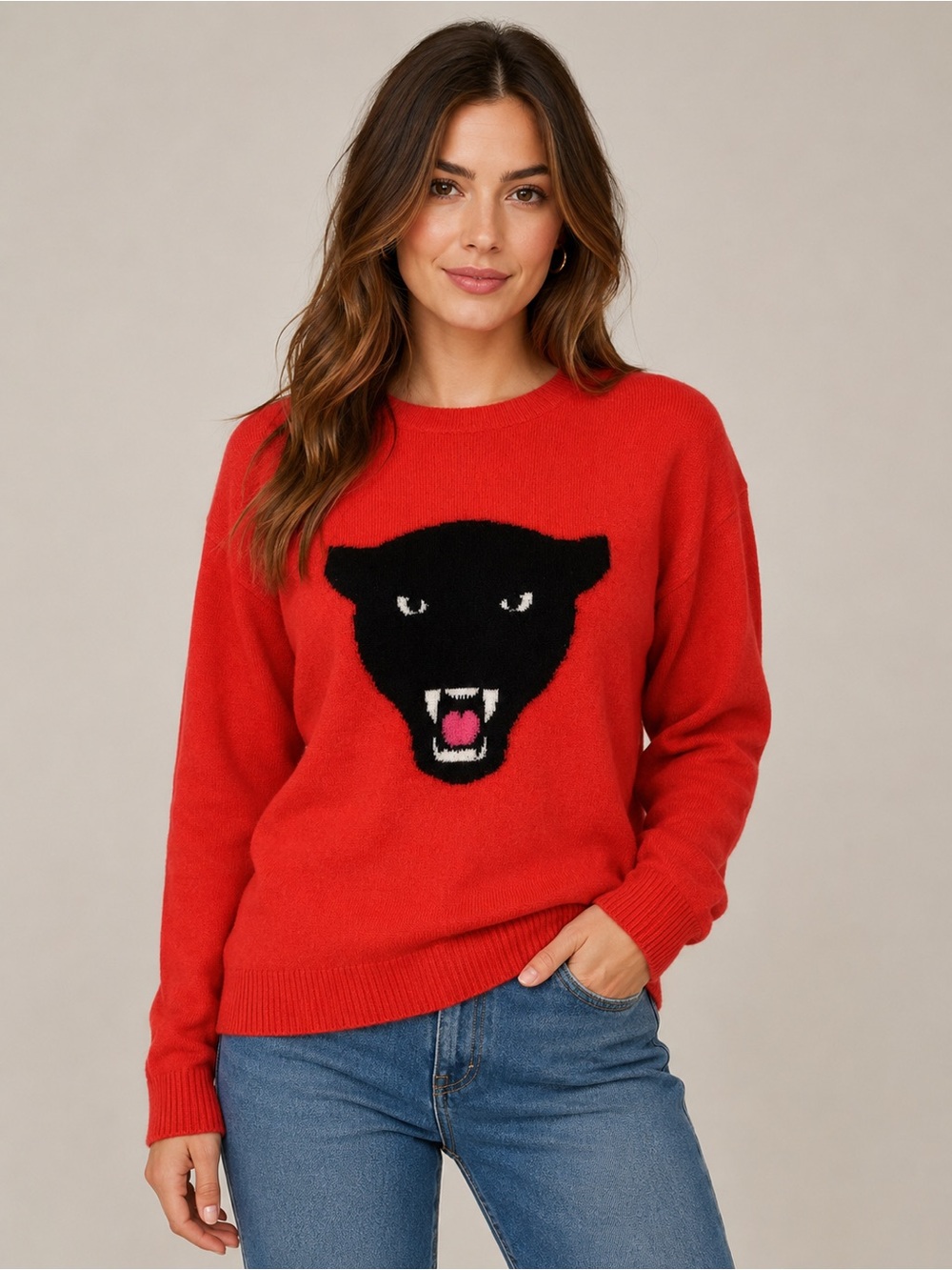 Brodie Cashmere Panther Sweater Red 100% Cashmere Graphic Knit Medium